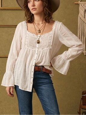 XCVI White Embroidered Button-Front Lace Oversized Boho Women's Top M